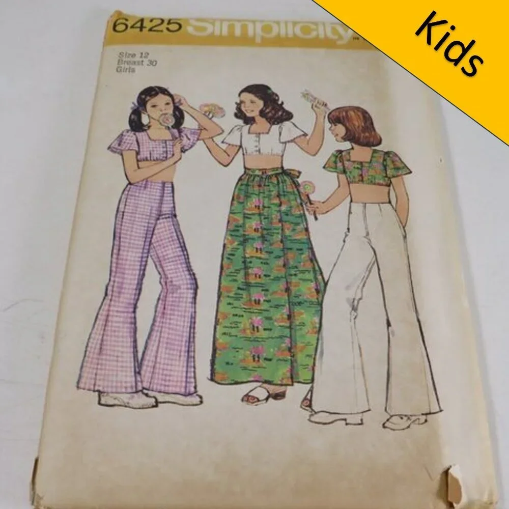 Simplicity 6425 Sewing Pattern UNCUT Bellbottoms, Wrap Skirt, small top 